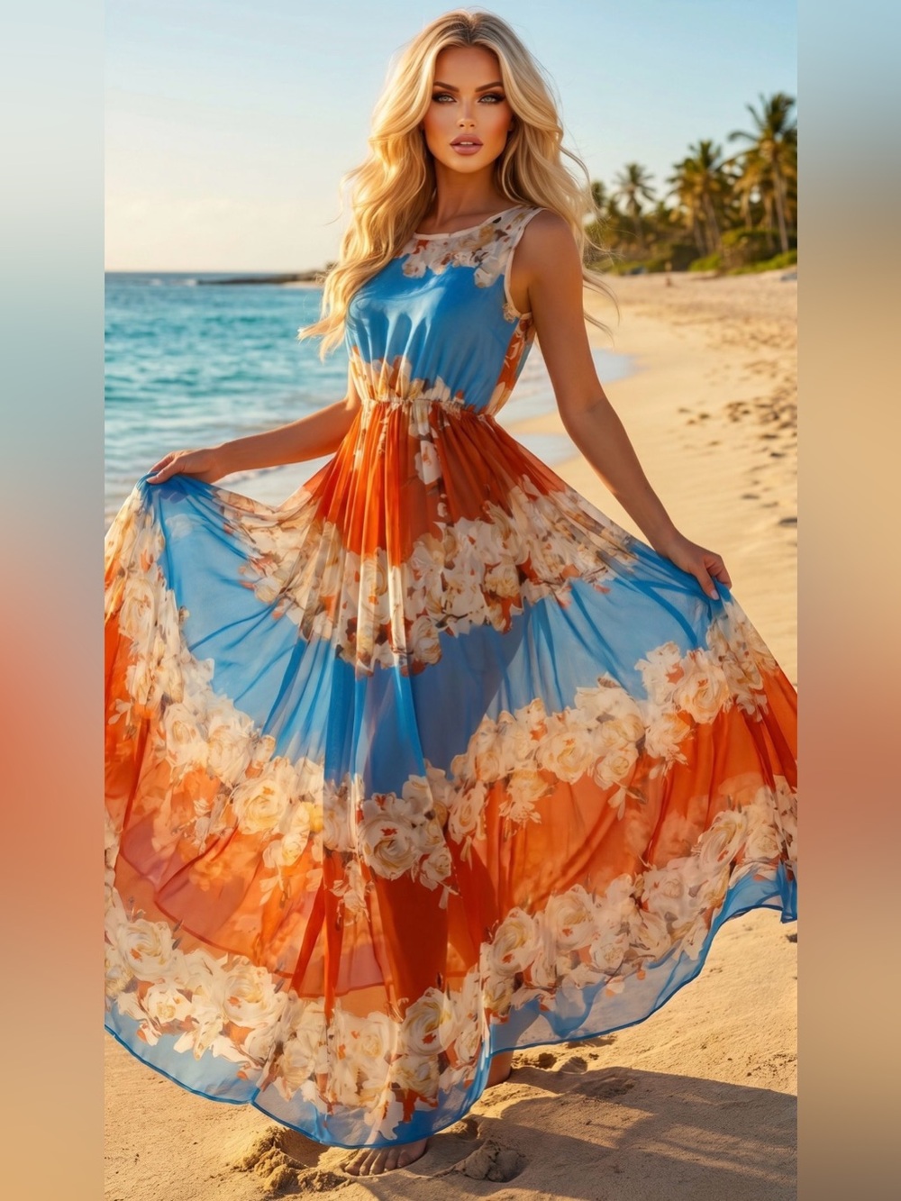 BABR Floral Chiffon Maxi Dress Size 38 S/M Blue Orange Boho Summer Evening Flowy